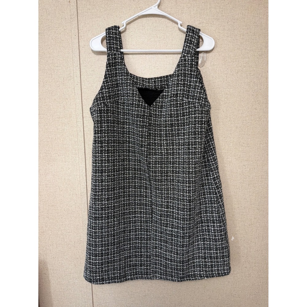 SHEIN Black White Tweed Plaid Sleeveless Shift Dress Cutout Square Neck Large